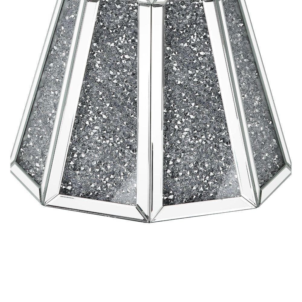 Faceted Round Mirrored Wood End Table with Faux Diamonds - Silver