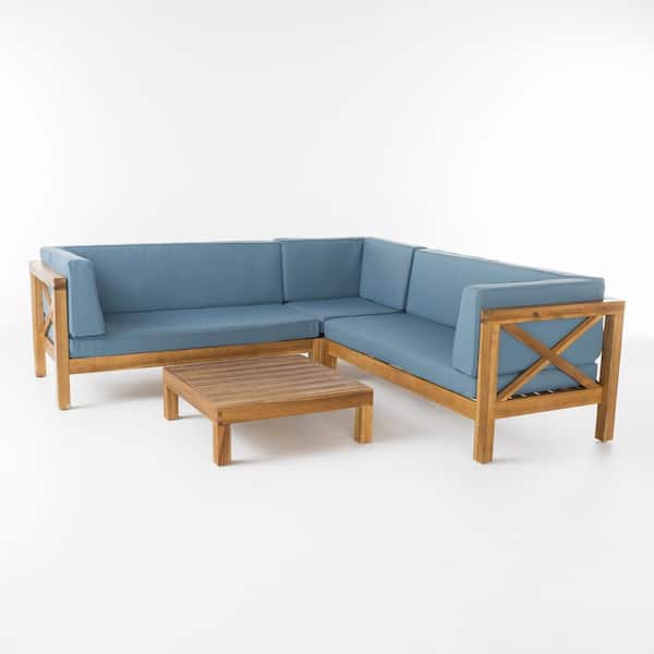 Noble House Brava Teak Finish 4-Piece Wood Outdoor Patio Sectional Set with Blue Cushions