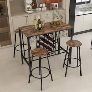 5-Piece Wood Bar Height Dining Set 4-Person Bar Table and Stools Set with Wine Racks And Glass Holders Home Kitchen