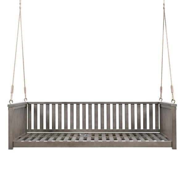 Unbranded 2-Seat Gray Patio Minimalist Twin Size Garden Swing Bed, Wood Porch Swing with Safe Sloped Design and Ropes for Backyard