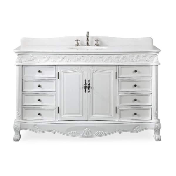 Benton Collection Beckham 56 in. W x 22 in D. x 36 in. H Bath Vanity in Antique White With White porcelain Sink and White Marble Top