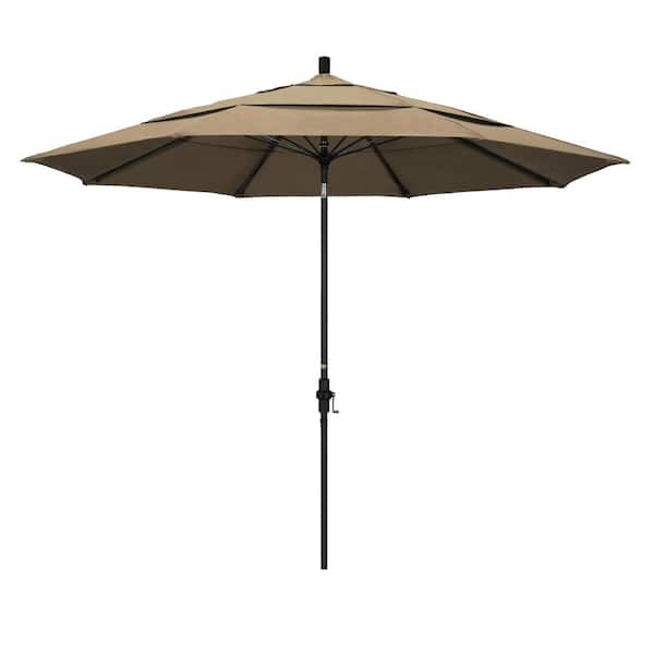California Umbrella 11 ft. Black Aluminum Pole Market Fiberglass Collar Tilt Crank Lift Outdoor Patio Umbrella in Heather Beige Sunbrella