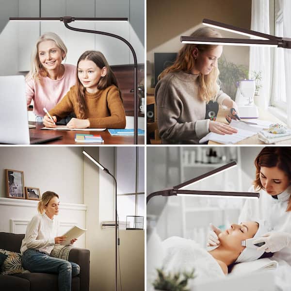 63 in. Brown Swing Arm LED Floor Lamp with Double Head, Adjustable Gooseneck and Dimmable Light for Living Room