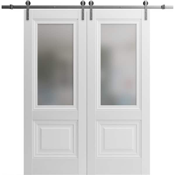 Sartodoors 24 in. x 96 in. 2 Panel Frosted Glass White Solid Wood Sliding Barn Door with Hardware Kit