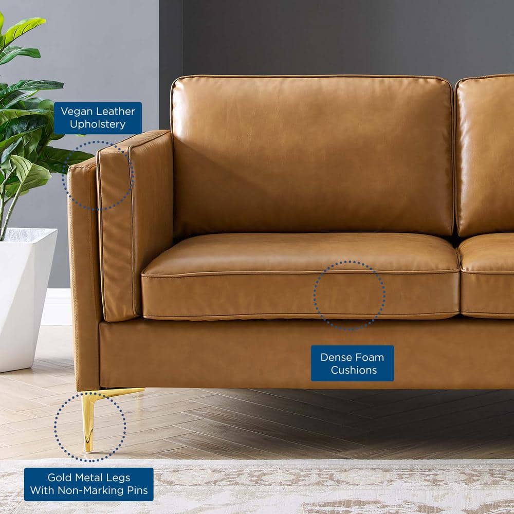 Kaiya Tan Faux Leather Sofa with Gold Metal Legs