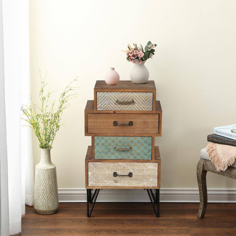 Mid-Century Brown 4-Drawer Wood Accent Chest with Metal Legs