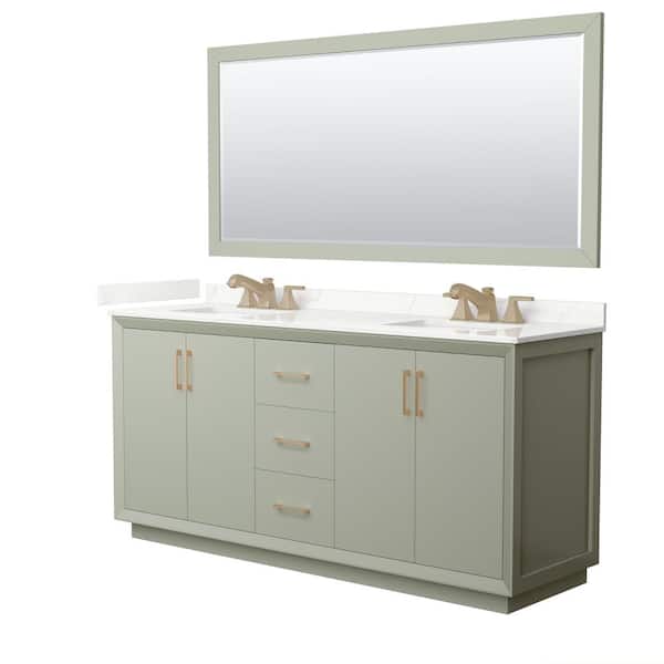 Wyndham Collection Strada 72 in. W x 22 in. D x 35 in. H Double Bath Vanity in Light Green with Giotto Quartz Top and 70 in. Mirror