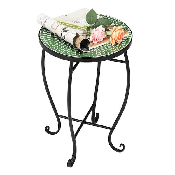 VINGLI 14 in. Round Side End Table Plant Stand Mosaic Accent Black 