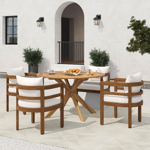 Lilly 5-Piece Wood Patio Outdoor Dining Set with Brown+Beige Cushions Dining Chair and Teak Round Dining Table