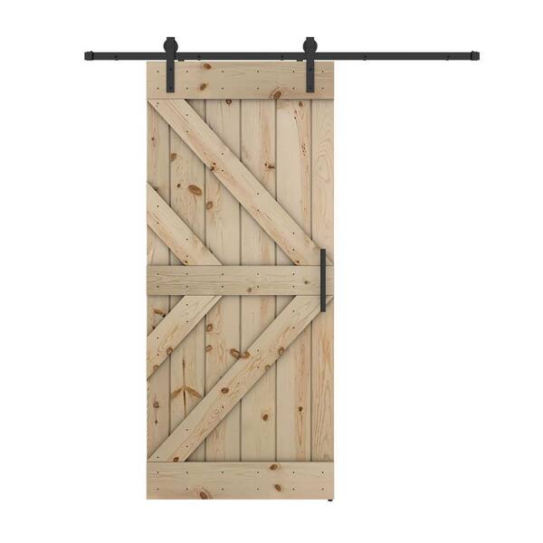 Dessliy Double KR 42 in. x 84 in. Unfinished Pine Wood Sliding Barn Door with Hardware Kit (DIY)