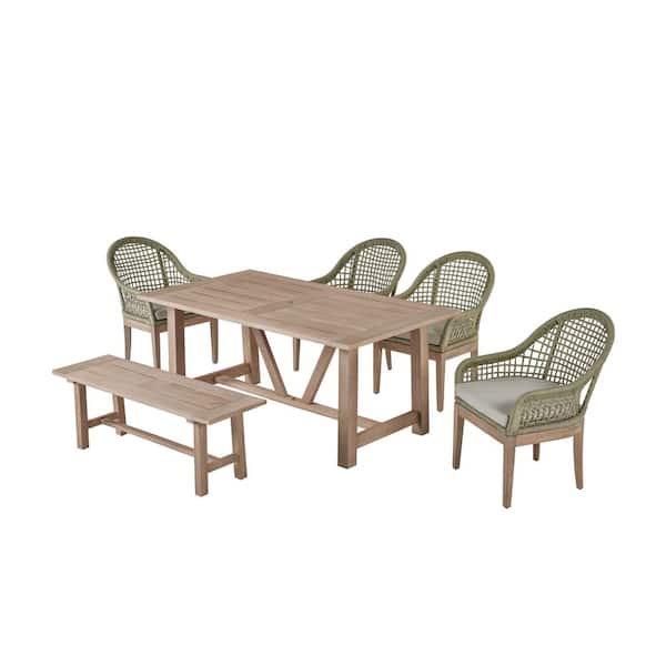 Best Quality Furniture Richard Rustic Light Oak 6-Piece Acacia Wood Rectangle Standard Height Outdoor Dining Set with 4 Cushion Chair &1 Bench.