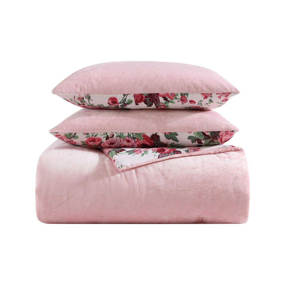 Twin Pink Velvet Reversible Comforter Set with Floral Design