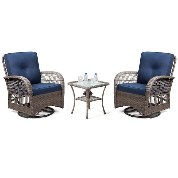 Sudzendf 3-Piece Brown Wicker Swivel Outdoor Rocking Chairs Patio Conversation Set with Dark Blue Cushions