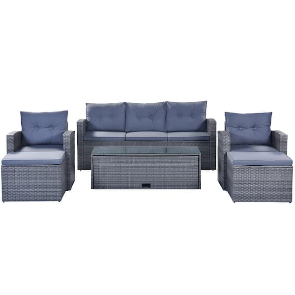 Afoxsos 6-Piece Wicker PE Rattan Patio Outdoor Dining Conversation Sectional Set with Coffee Table, Ottomans, Gray Cushions