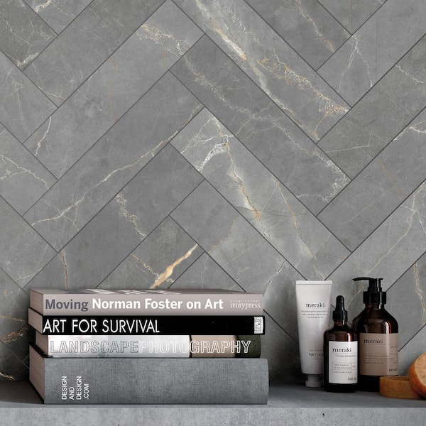 Elegance Dark Gray Subway 3.15 in. x 12.99 in. Matte Porcelain Marble look Floor and Wall Tile (9.04 sq. ft./Case)