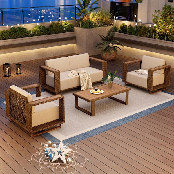 Brown Rattan Wicker 4 Seat 5-Piece Steel Outdoor Patio Conversation Set with Beige Cushions and Coffee Table