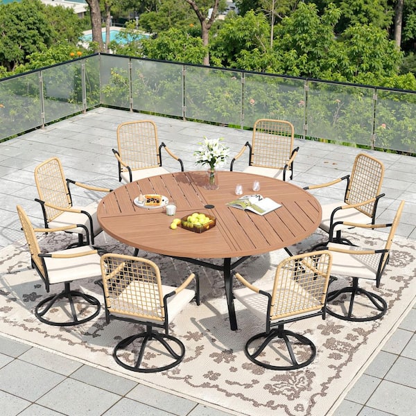 9-Piece Metal Outdoor Patio Dining Set with 59.8 in. Walnut Round Table and 8 Swivel Wicker Chairs with Beige Cushions