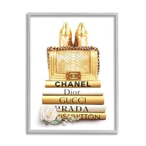 "Divine Golden Fashion Purse on Glam Designer Bookstack" by Ros Ruseva Framed Abstract Wall Art Print 16 in. x 20 in.
