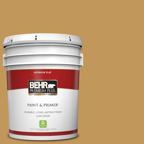 BEHR PREMIUM PLUS 5 gal. #330D-6 Townhouse Tan Flat Low Odor Interior Paint & Primer