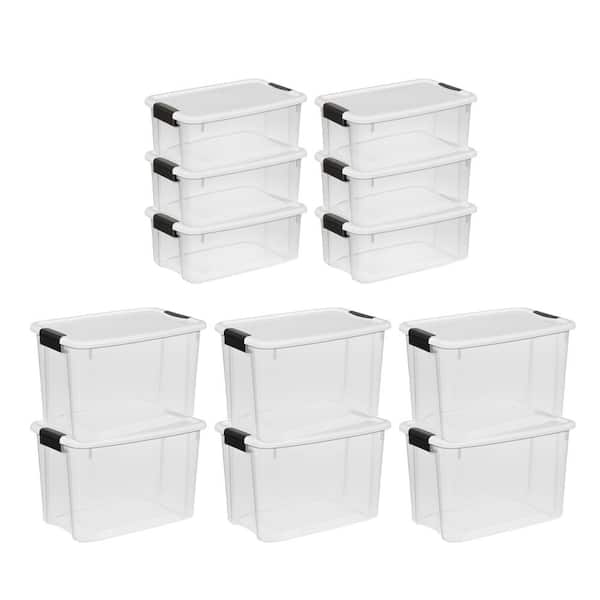 Sterilite 80 Qt Gasket Box, Stackable Storage Bin with Latching Lid and  Tight Seal Plastic Container to Organize Basement, Clear Base and Lid,  12-Pack