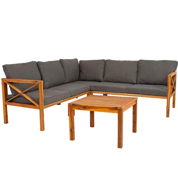 Edisto 4-Piece Acacia Wood Outdoor Sectional Conversation Set with Natural Gray Cushions