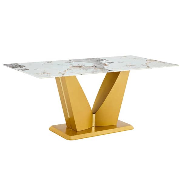 Tenleaf 30 in. H Outdoor Dining Table with Imitation Marble Patterned Glass Tabletop, Gold MDF Table Legs