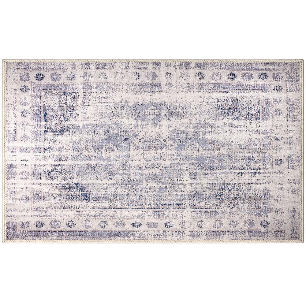Blue 3 ft. x 5 ft. Border Area Rug for Entryway Machine Washable Non-Slip V
