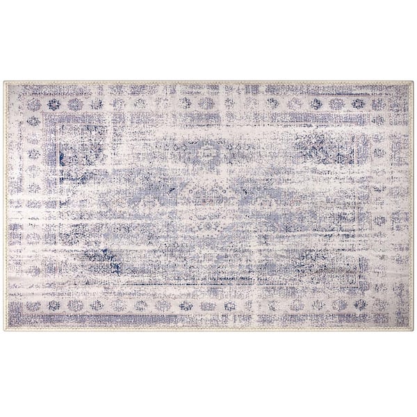 Blue 3 ft. x 5 ft. Border Area Rug for Entryway Machine Washable Non-Slip Vintage Rug-Low Pile Non-Shedding Indoor Rugs