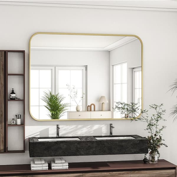 29.5 in. W x 39.4 in. H Rectangular Modern Gold Aluminum Framed Rounded Bathroom Mirror Wall Mirror