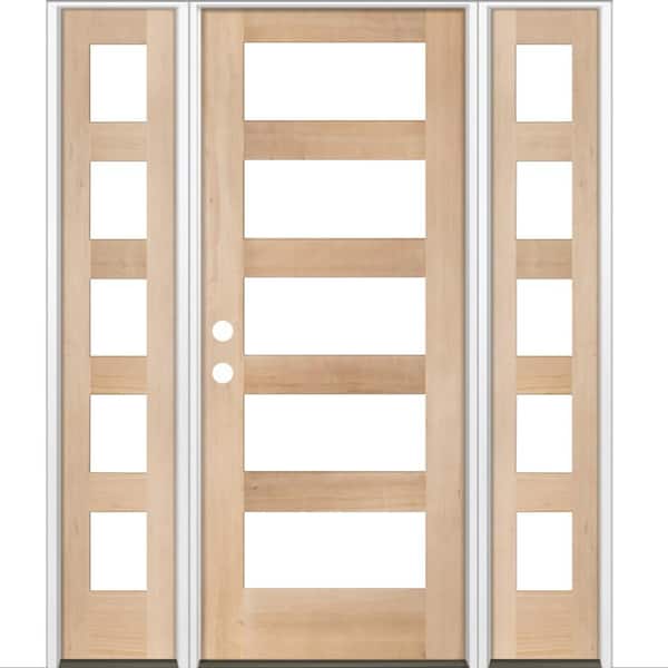 64 in. x 80 in. Modern Hemlock Right-Hand/Inswing 5-Lite Clear Glass Unfinished Wood Prehung Front Door with Sidelites
