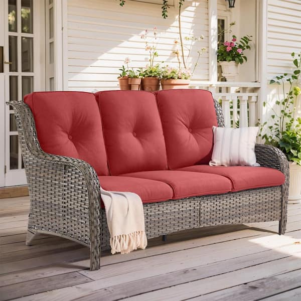 Bellefurn WellCane 3-Seat Gray Wicker Outdoor Couch Patio Sofa with High Curvy Back, and Thick Red Cushions