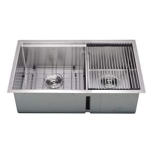 Prestige Series Undermount 32 in. Double Bowl Kitchen Sink in Satin Stainless Steel with Ledge and Low Divide