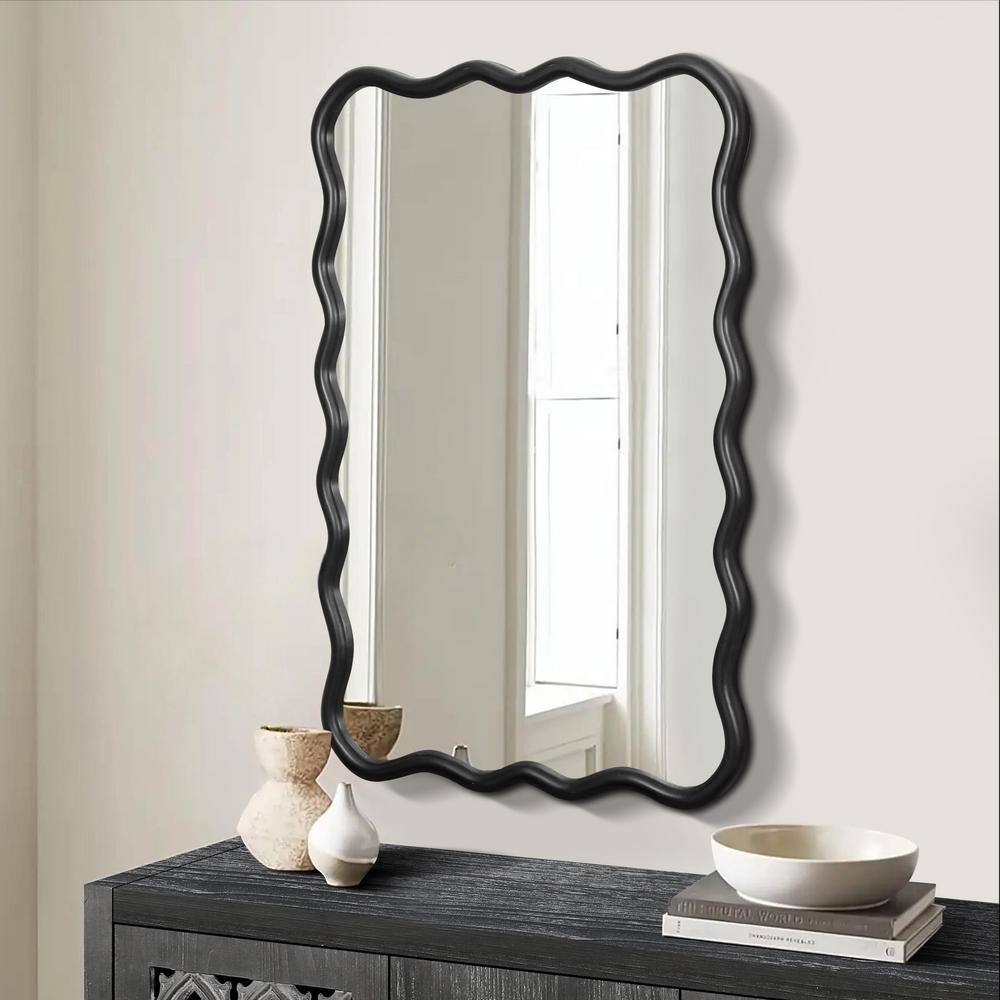 Antique Black Solid Wood Wavy Rectangular Wall Mirror