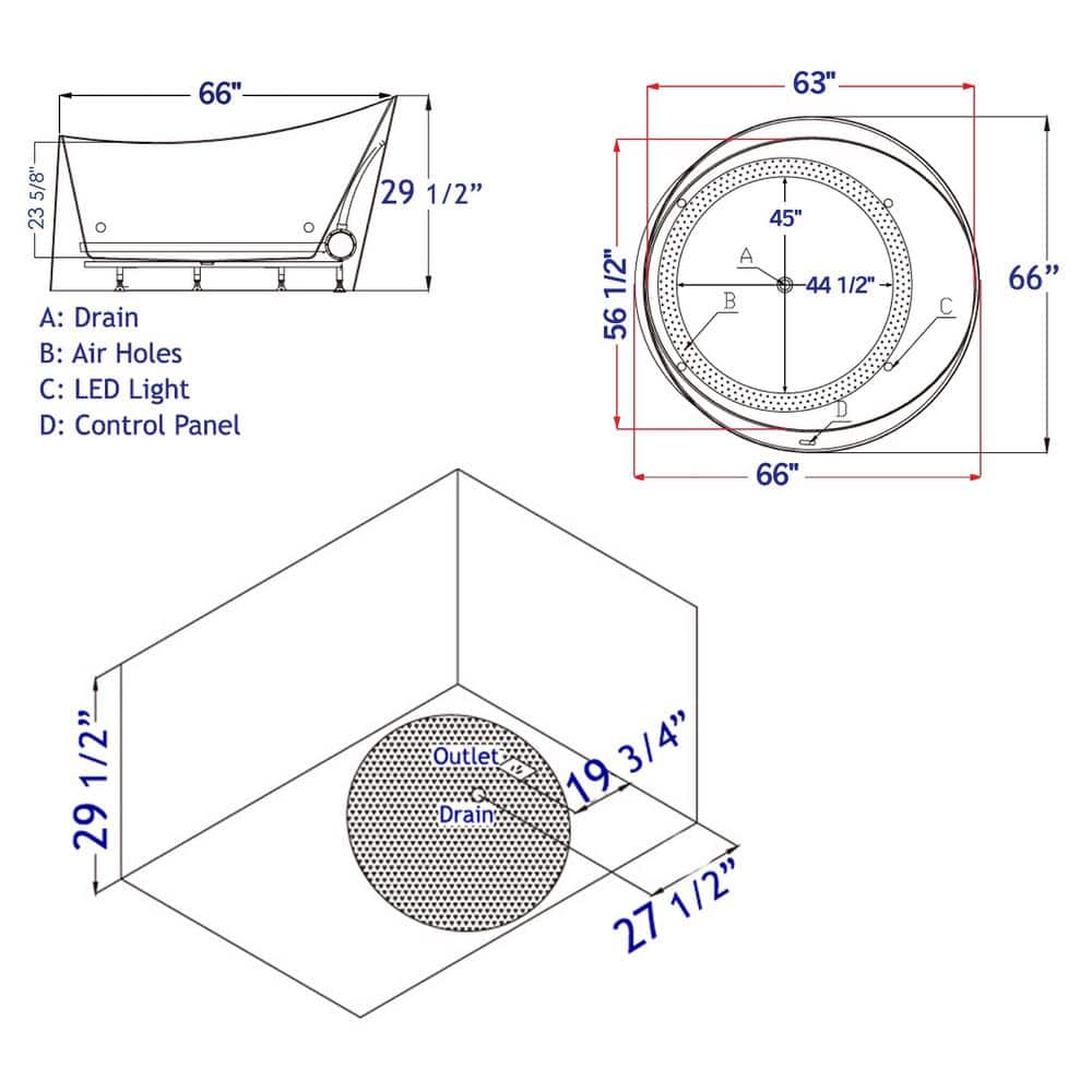 66'' Round White Acrylic Freestanding Air Bubble Bathtub