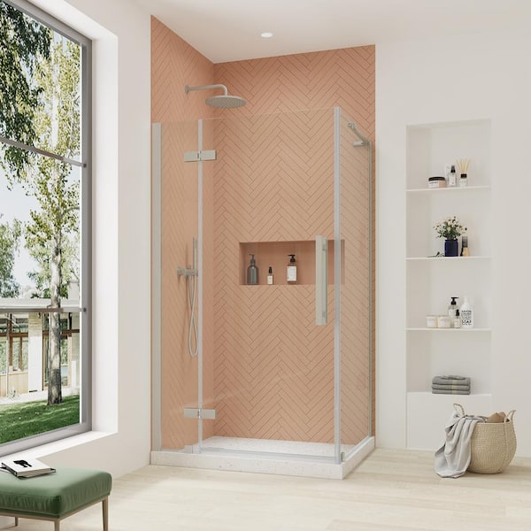 OVE Decors Tampa 36 7/8 in. W x 72 in. H Rectangular Pivot Frameless Corner Shower Enclosure in Satin Nickel