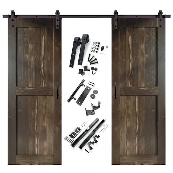 HOMACER 36 in. x 96 in. H-Frame Ebony Double Pine Wood Interior Sliding Barn Door with Hardware Kit, Non-Bypass