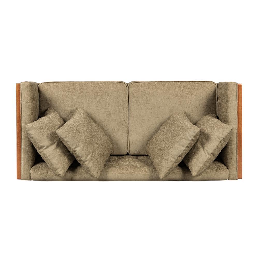Dark Beige Fabric Tufted Loveseat with Walnut Frame and Accent Pillows