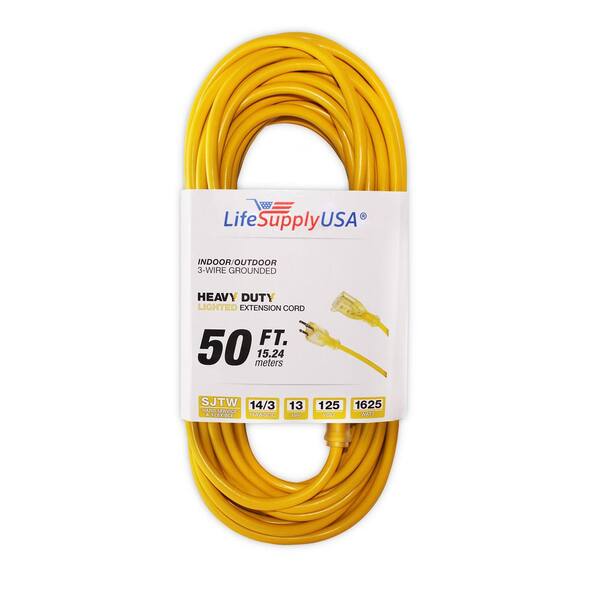 LifeSupplyUSA 50 ft. 14/3 SJTW Full Copper 13 Amp 125-Volt 1625-Watt Lighted End Indoor/Outdoor Extension Cord