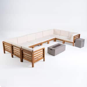 Oana Teak Brown 12-Piece Wood Patio Fire Pit Sectional Seating Set with Beige