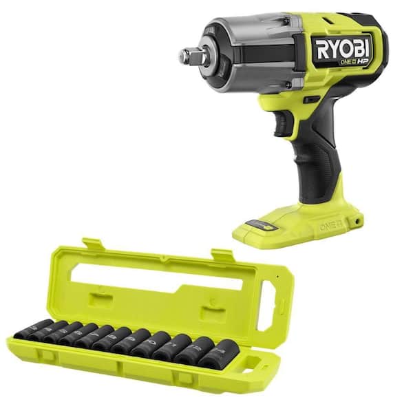 ONE+ HP 18V Brushless Cordless 1/2 in Impact Wrench (Tool Only) with 1/2 in Metric Deep Impact Socket Set (11-PC)