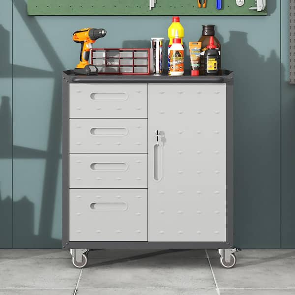 Black/Gray 35 in. H Metal Tool Cabinet for Garage with Wheels Mobile Metal Storage Cabinet with 4 Drawer Locking Door