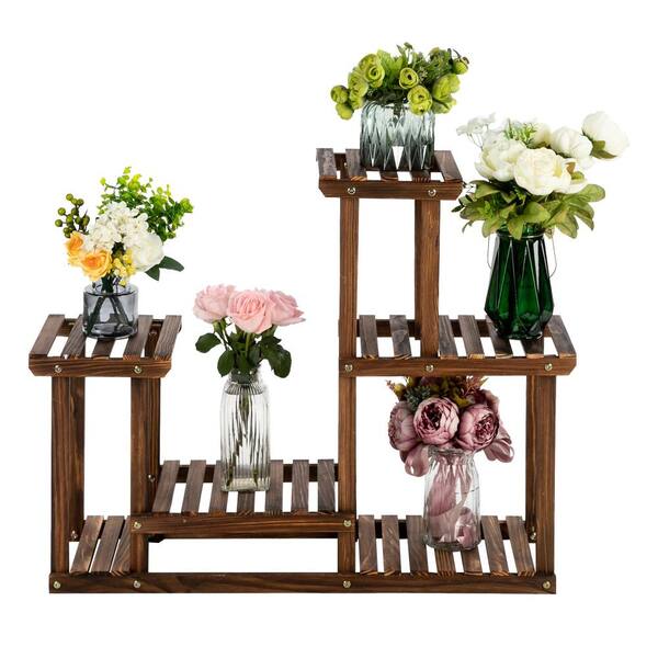 ITOPFOX 4-Story 7-Seat Multi-Function Carbonized Wood Plant Stand Vertical Shelf Flower Display Rack Holder