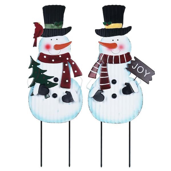 2-Piece Christmas Metal Snowman Decorative Garden Stakes with Joy for Christmas Decor, Yard Signs for Garden Home Lawn