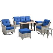 Tulip B Gray 7-Piece Wicker Patio Storage Fire Pit Conversation Set with Swivel Rocking Chairs and Navy Blue Cushions