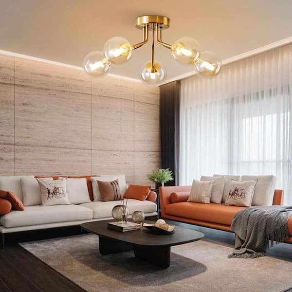 OUKANING 23.6 in. 5-Light Modern Gold Semi-Flush Mount Ceiling