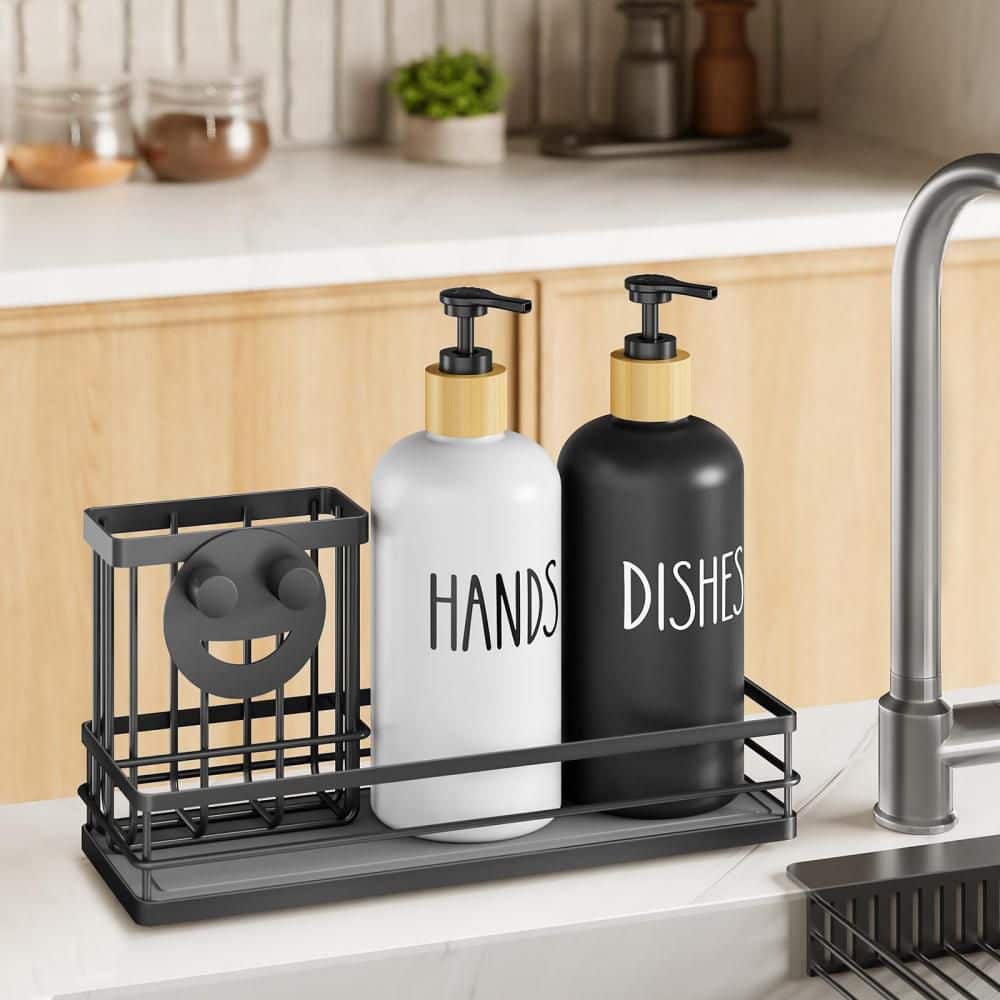 16 oz. Kitchen Soap Dispenser Set for Sink with Non-Slip Silicone Pad, Brush Holder and Sponge Holder, Black and White price history on PriceWatchPro