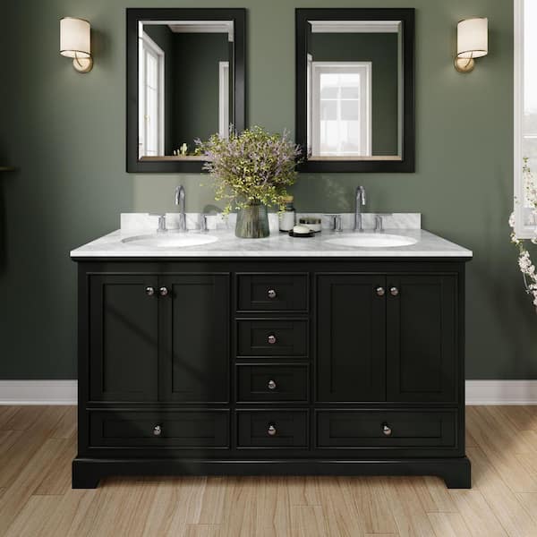 Wyndham Collection Deborah 60 in. Double Vanity in Dark Espresso with Marble Vanity Top in White Carrara with White Basins and Med Cabinets