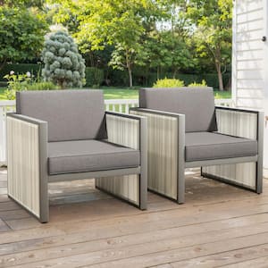 Modern Industrial Porch Light Beige Wicker Outdoor Lounge Chair with Olefin Dark Gray Cushions (2-Pack)