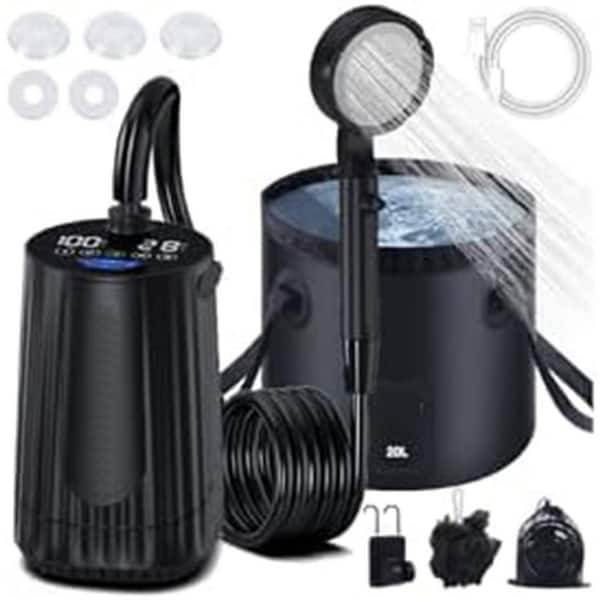Outdoor Living Portable Camping Shower Pump with LED Display 5-Speed IPX8 Waterproof 20L Pool Accessory