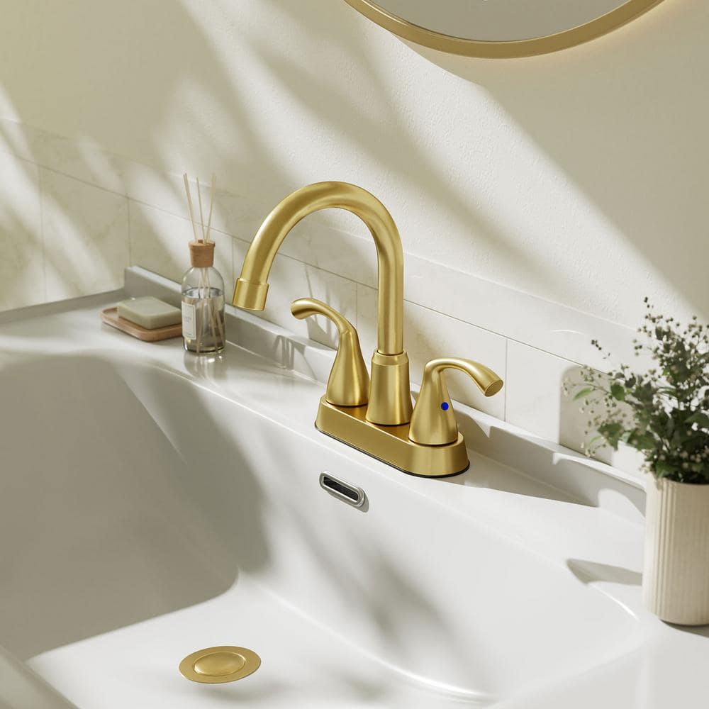 Brushed Gold Double Handle High Arc Bathroom Faucet with Drain Kit
